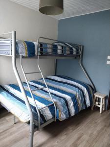 BrillacGîte Chez Dédé的一间卧室配有带蓝色墙壁的双层床