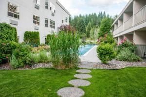 a garden with a swimming pool in a building at Hilltop Inn - Salmon Arm in Salmon Arm
