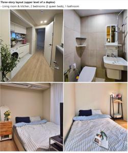 two pictures of a room with a bed and a sink at Roome House in Seoul