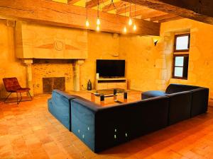 a large living room with a couch and a tv at Seigneurie du Bois Moreau in Durtal