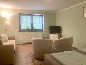 a living room with a couch and a tv at Apartmán Staňkov in Staňkov