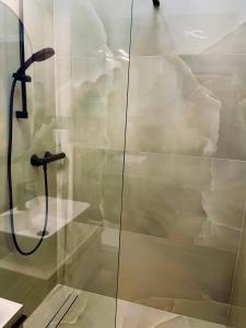 una ducha con puerta de cristal en un baño en Brookforest Belvárosi 3 Apartman, en Debrecen 30 fotos más