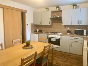 a kitchen with a wooden table and a dining room at Apartmán Staňkov in Staňkov
