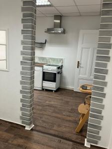 a kitchen with a stove and an oven in a room at Ferienwohnung 23 Zur alten Ladeneinheit in Krauschwitz