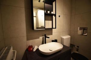 a bathroom with a white sink and a mirror at Monkey Loft - Graz City Center & Free Garage Parking in Graz +9 photos