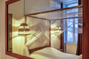 a bedroom with a canopy bed with a mirror at R'Apparts Le Central Park in Grenoble