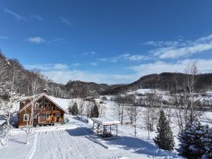 a log cabin in the snow with a picnic table at Furano Private Villa Runway 15 in Wada
