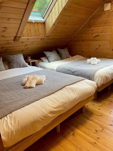 two beds in a room with wooden walls at Furano Private Villa Runway 15 in Wada