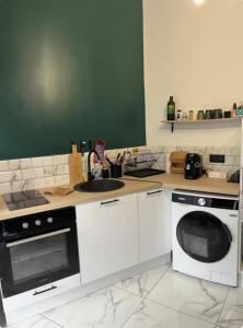 une cuisine avec un évier et une machine à laver dans l'établissement Appartement jacuzzi - Love Room, à Lyon
