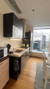 une cuisine avec un évier et un micro-ondes dans l'établissement Luxury Nightlights NELLI Apartment, à Tallinn 9 autres photos