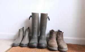 eine Gruppe von Gummistiefeln, aufgereiht an einer Wand in der Unterkunft Cottage Within Country Estate in Fernhurst + 7 Fotos
