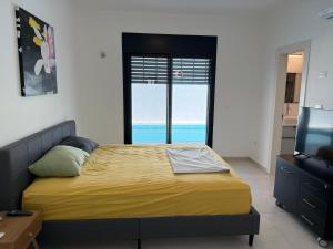 a bedroom with a large bed and a television at Villa In The Deseret - Villa 219 in Beʼer Ora +23 photos