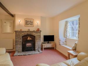 a living room with a fireplace and a tv at Vine Cottage in Burton Bradstock