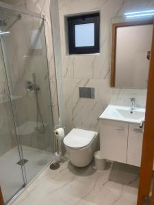 a bathroom with a shower and a toilet and a sink at Gerês View in Geres +27 photos