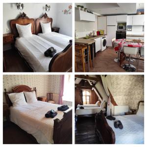 four pictures of a bedroom with two beds and a kitchen at L'étape josselinaise in Josselin
