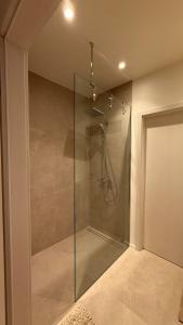 a shower with a glass door in a bathroom at Maison de vacances Tilff au bord de l Ourthe et du Ravel in Mellet +48 photos