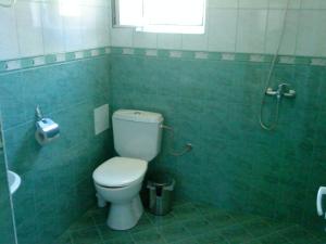 een badkamer met een toilet en een glazen douche bij Family Hotel Panorama in Sarnitsa