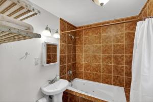 a bathroom with a sink and a tub and a toilet at Wooded Studio Near Clear Lake cabin in Cobb