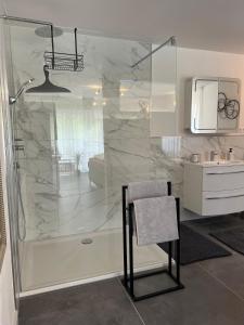 a bathroom with a shower and a chair and a sink at Bachnixe 1 in Seebach +36 photos