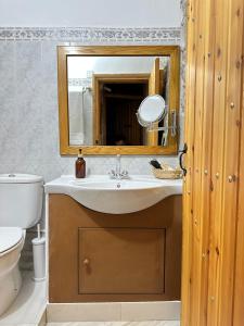 a bathroom with a sink and a mirror and a toilet at Eria Moutoullas House in Moutoullas +77 photos
