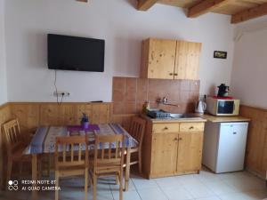 エゲルサロークにあるFanni Apartmanのキッチン(テーブル、椅子、テレビ付)