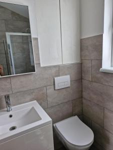 a bathroom with a white sink and a toilet at Ferienhaus Schindler in Johanngeorgenstadt +16 photos