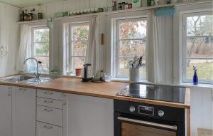 a kitchen with a sink and a counter with windows at Cozy Home In Vejby With Wifi in Rågeleje