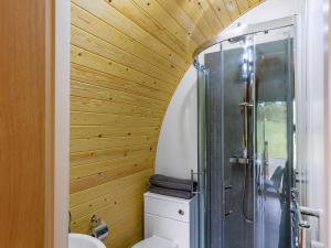 baño con ducha y aseo con paredes de madera. en Oak-Uk36258, en Llanfair Caereinion