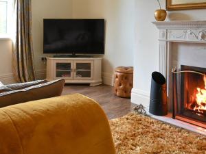 a living room with a fireplace and a television at The Hind House in Cowlam