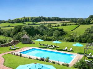 a swimming pool with chairs and umbrellas in a field at The Dairy in Sidbury
