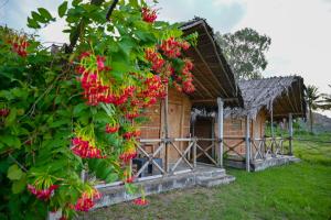 a small house with red flowers in front of it at Hampi Firangi Cafe in Hampi