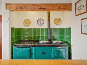 a green stove in a kitchen with plates on the wall at Worthy House in Saint Florence