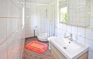 a white bathroom with a sink and a shower at Ferienhaus Kratzeburg in Kratzeburg +11 photos