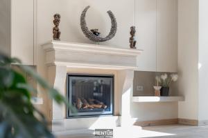 a living room with a fireplace with a dog laying at Villa Hoge Duin - spacious luxury villa with large garden in Koksijde +28 photos