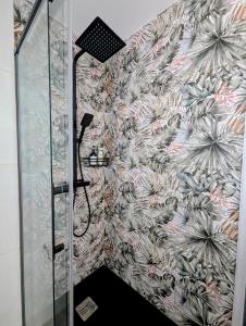 a shower in a bathroom with a wall at Appartement ZEN - 5 minutes du centre, parking gratuit in Nancy