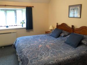 a bedroom with a large bed with blue pillows at Anvil in Dalbeattie +9 photos