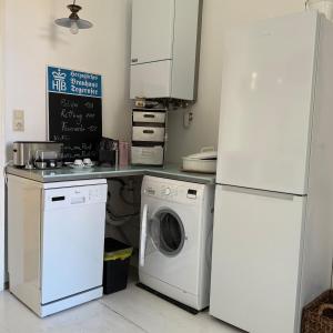 a kitchen with a refrigerator and a washing machine at Palais am Park in Krems an der Donau +22 photos