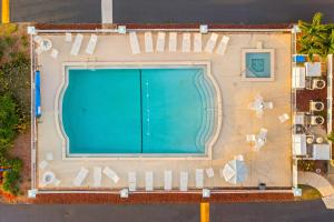an overhead view of a swimming pool with chaise lounges at Sandcastles - Cocoa Beach Oceanfront Condos with Heated Pool Tennis in Cocoa Beach