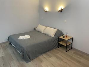 a small bedroom with a bed and a table at Le nid des sources studio in Bourbonne-les-Bains