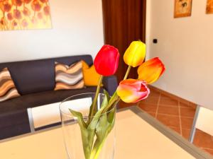 a vase with three tulips sitting on a table at Casa Grecale in Girasole