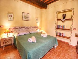 a bedroom with a green bed with a mirror at Chianti Hillside Farmhouse in Radda in Chianti
