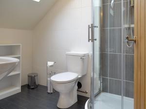 a bathroom with a toilet and a glass shower at Ysgubor Myfi - Uk6001 in Bodedern