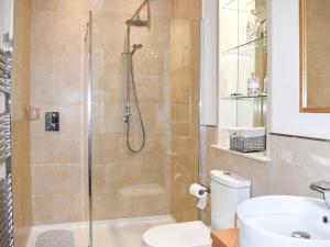 a bathroom with a shower with a toilet and a sink at Cartws Blaenparc Coach House - Uk41031 in Mydroilin +5 photos