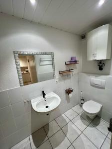 ベンスハイムにあるModerne Souterrainwohnungの洗面台とトイレを備えた白いバスルーム