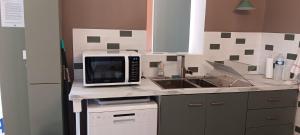 a kitchen counter with a microwave and a sink at La Pause Picarde - Baie De Somme 1 in Franleu