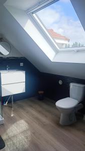 a bathroom with a toilet and a skylight at Les tournesols in Woincourt +9 photos