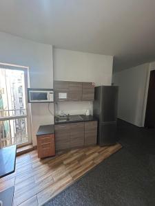 a kitchen with a sink and a refrigerator at Rooms v samém centru Ostravy in Ostrava +19 photos