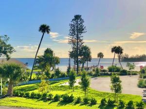 a parking lot with palm trees and the ocean at Davis House Inn in Sebastian
