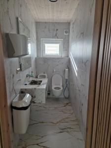 a white bathroom with a sink and a toilet at Baltasis beržas 