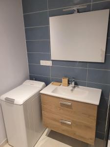 Saint-Jean-de-BuègesにあるLes mûriers de Roseの洗面台、トイレ、鏡のあるバスルーム